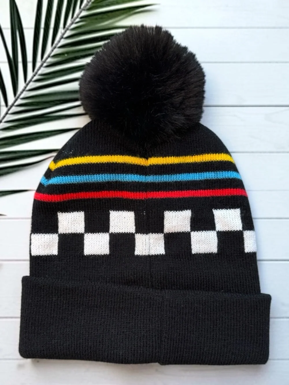 Friends TV Show Checkered Stripe Pom Pom Beanie Hat One Size Black Knit Cap
